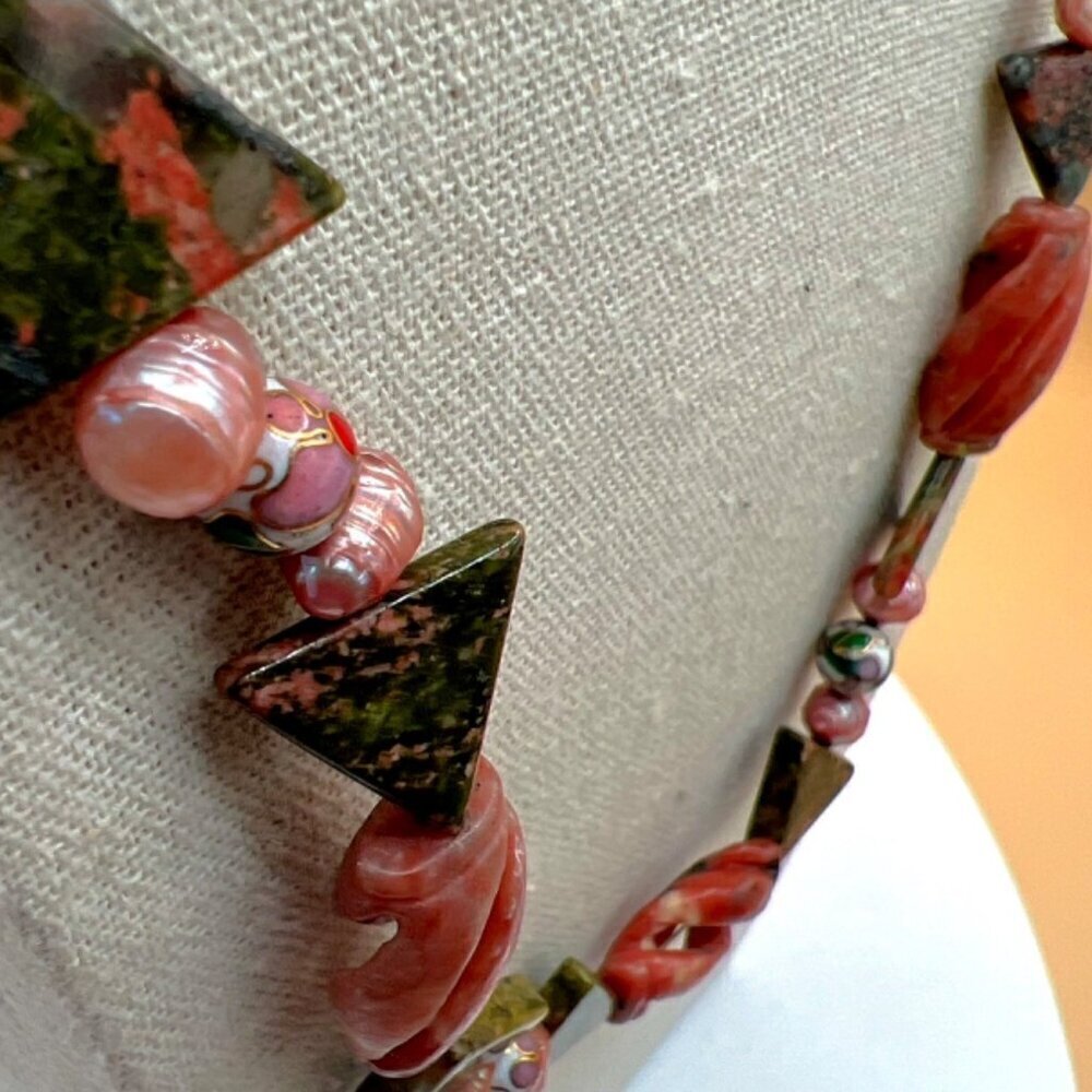 Handcrafted Unakite Pink Opal Pink Pearls & Cloisonné Beads Necklace. B50 - Picture 16 of 16